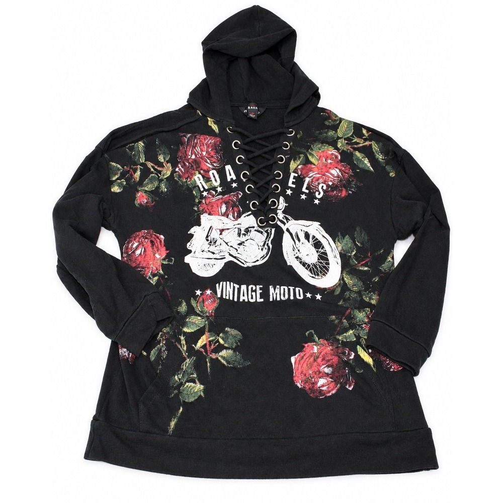 Rock & Republic Womens Black Rose Motorcycle Cold Shoulder Lace Up Hoodie M